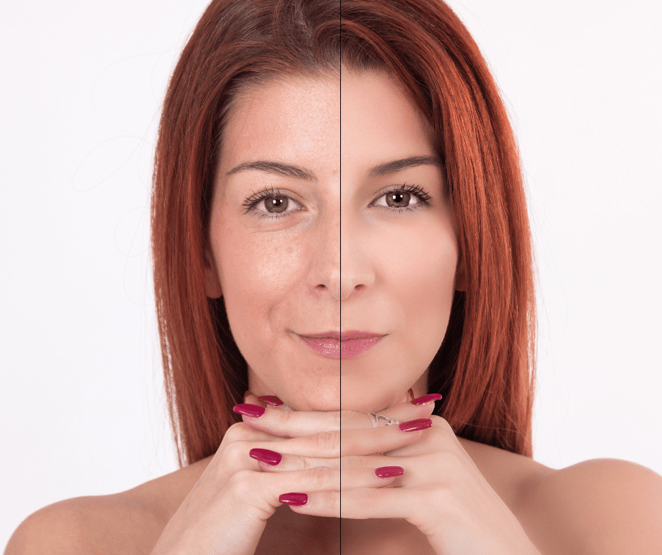 A képen egy hölgy smink előtti és utáni arca látható. A kép a különbséget hivatott megmutatni, hogy egy egyszerű, kifinomult és visszafogott smink mennyit tud hozzáadni egy fotóhoz.